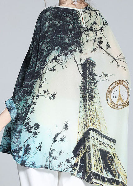 Chemisier ample en soie à imprimé asymétrique et col rond, manches chauve-souris, colorblock, été LY0123