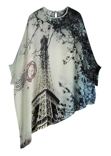 Chemisier ample en soie à imprimé asymétrique et col rond, manches chauve-souris, colorblock, été LY0123