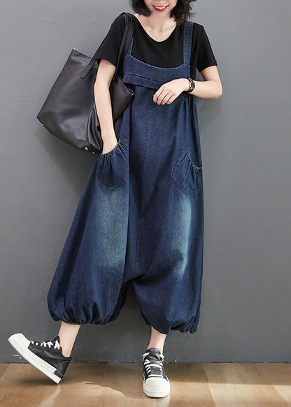 Loose Dark Blue Slash Neck Patchwork Lantern Jumpsuit Summer TY1041