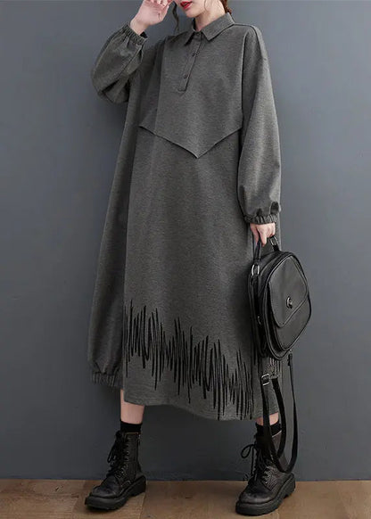 Loose Dark Gray Pockets Patchwork False Two Pieces Cotton Dress Fall Ada Fashion