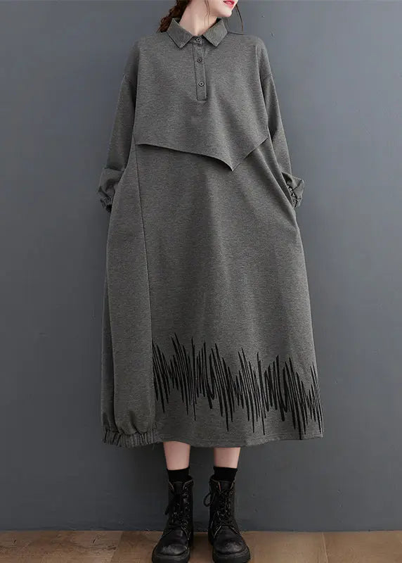 Loose Dark Gray Pockets Patchwork False Two Pieces Cotton Dress Fall Ada Fashion