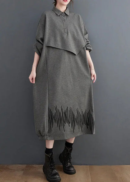 Loose Dark Gray Pockets Patchwork False Two Pieces Cotton Dress Fall Ada Fashion