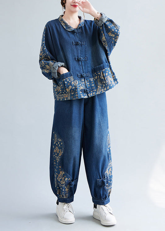 Loose Denim Blue Peter Pan Collar Print Coats And Lantern Pants Two Pieces Set Spring LY0659