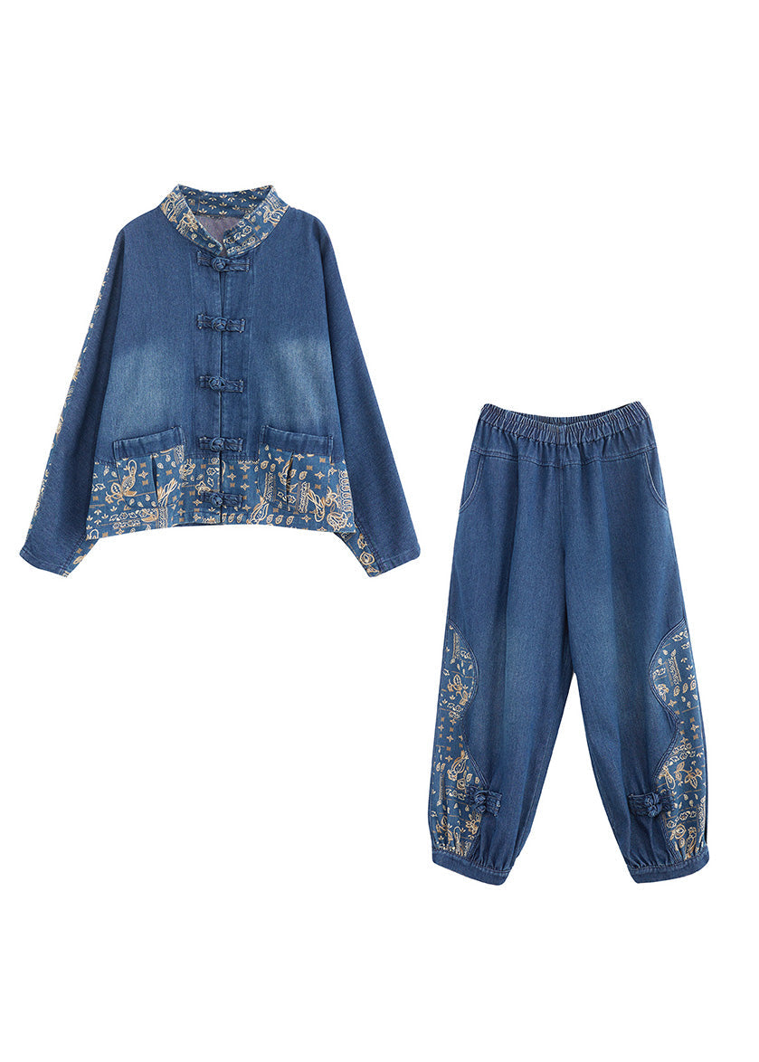 Loose Denim Blue Peter Pan Collar Print Coats And Lantern Pants Two Pieces Set  AC2083