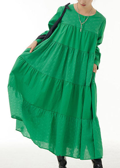 Loose Green O Neck Wrinkled Patchwork Cotton Dresses Spring LY1144