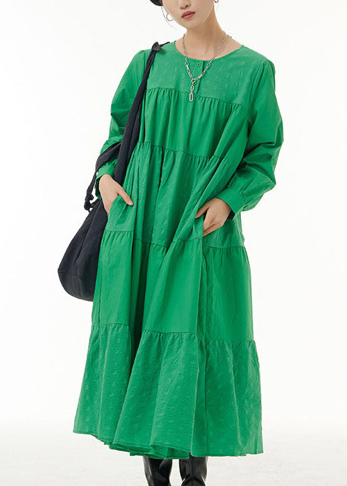 Loose Green O Neck Wrinkled Patchwork Cotton Dresses Spring LY1144