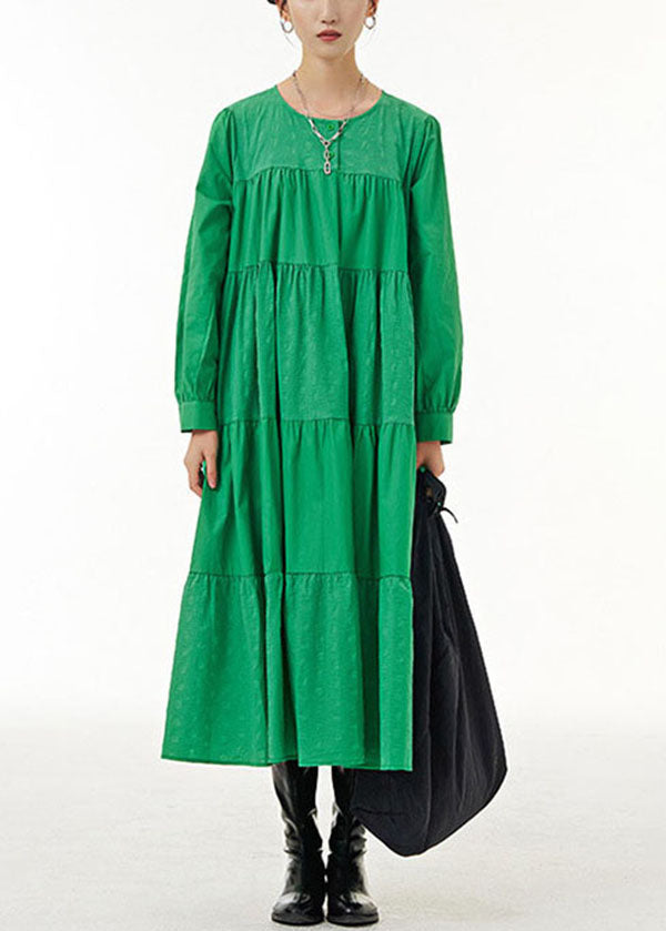 Loose Green O Neck Wrinkled Patchwork Cotton Dresses Spring LY1144