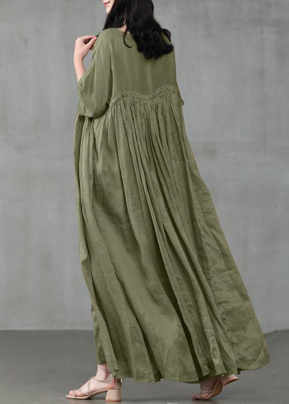 Loose Green Patchwork Wrinkled Linen Maxi Dress Short Sleeve LC0012