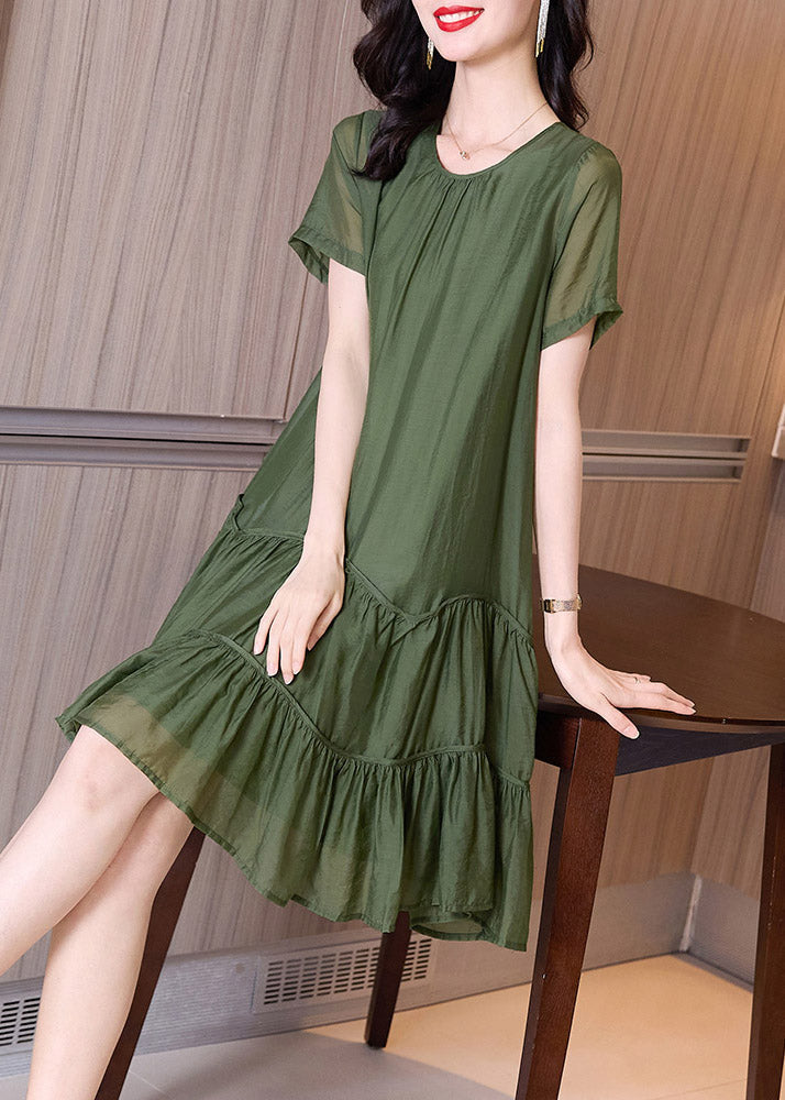 Loose Green Patchwork Wrinkled Solid Mid Dresses Summer TI1021