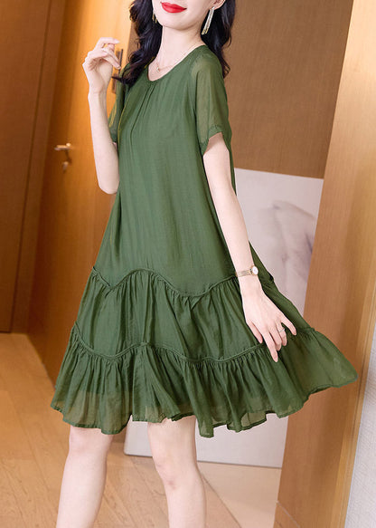 Loose Green Patchwork Wrinkled Solid Mid Dresses Summer TI1021