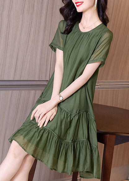 Loose Green Patchwork Wrinkled Solid Mid Dresses Summer TI1021