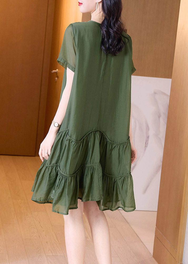 Loose Green Patchwork Wrinkled Solid Mid Dresses Summer TI1021