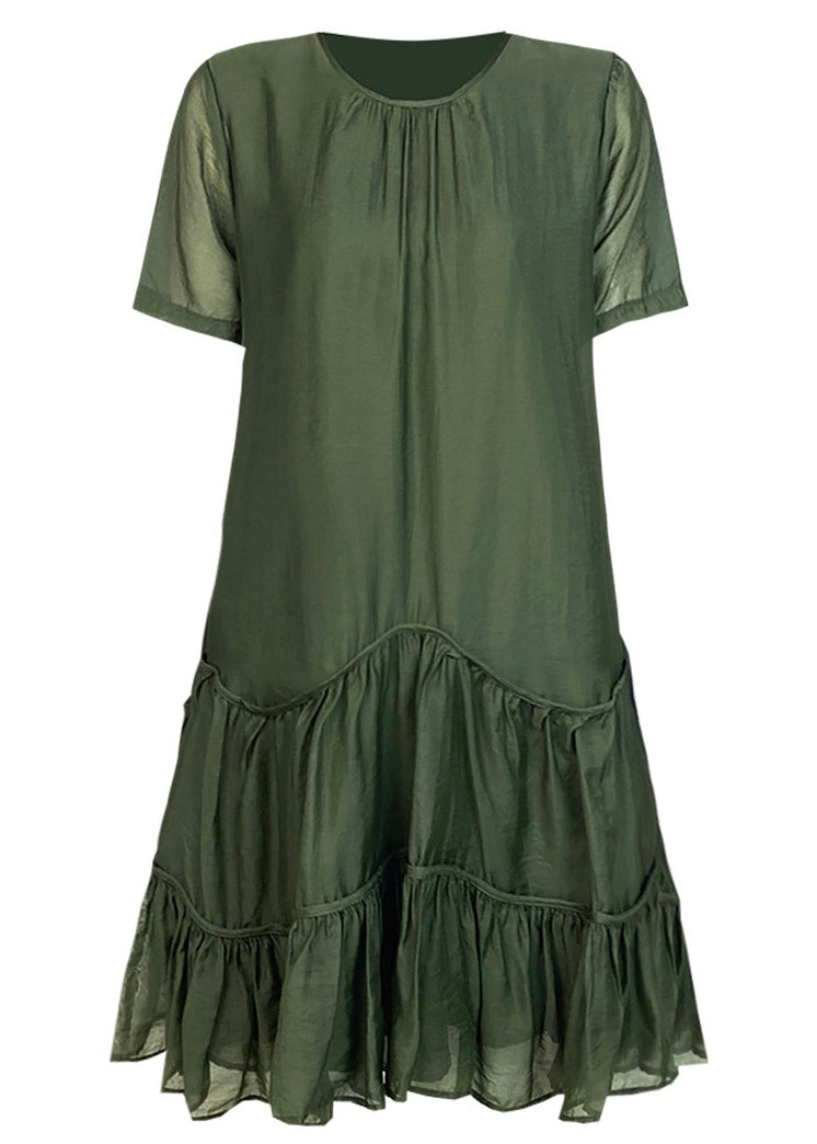 Loose Green Patchwork Wrinkled Solid Mid Dresses Summer TI1021