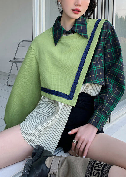 Loose Green Peter Pan Collar Patchwork Button Fake Two Pieces Sweatshirt Spring LY0798