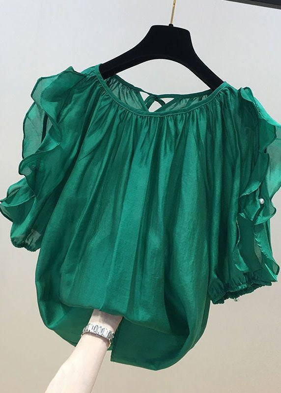 Loose Green Ruffled Patchwork Chiffon Shirt Tops Summer LY0619