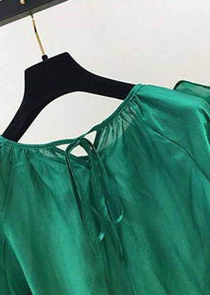 Chemisier ample en mousseline patchwork verte à volants, été LY0619