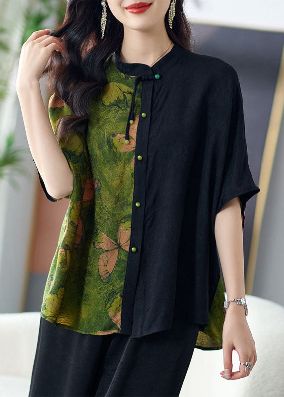 Loose Green Stand Collar Button Print Patchwork Silk Shirts Tops Summer TF1052