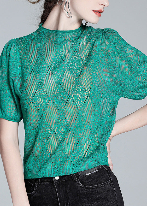 Loose Green Turtleneck Hollow Out Knit Wool Shirt Short Sleeve LY0103