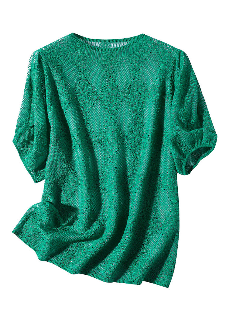 Loose Green Turtleneck Hollow Out Knit Wool Shirt Short Sleeve LY0103