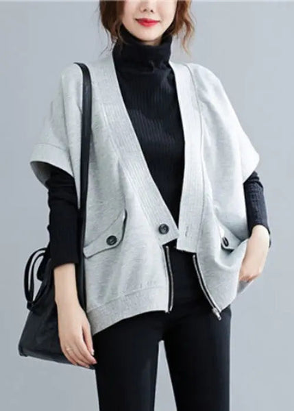 Loose Grey Zippered Button Patchwork Cotton Waistcoat Fall Ada Fashion
