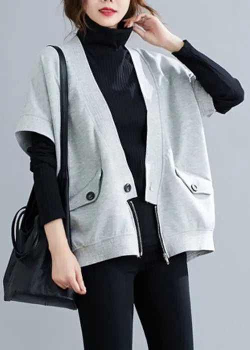 Loose Grey Zippered Button Patchwork Cotton Waistcoat Fall Ada Fashion