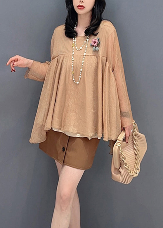 Loose Khaki O-Neck Patchwork Tulle Tops Long Sleeve LC0322