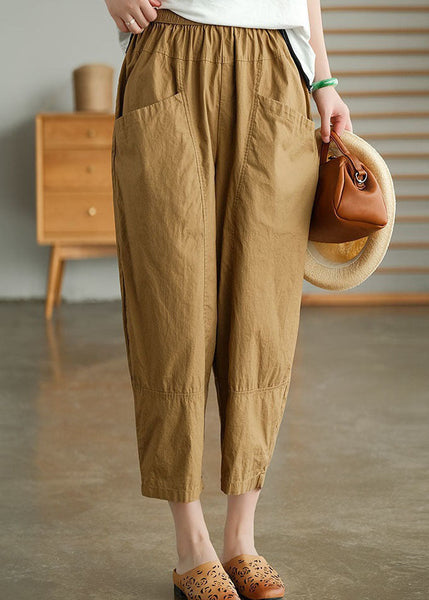 Loose Khaki Pockets Patchwork Cotton Crop Pants Summer LY0591