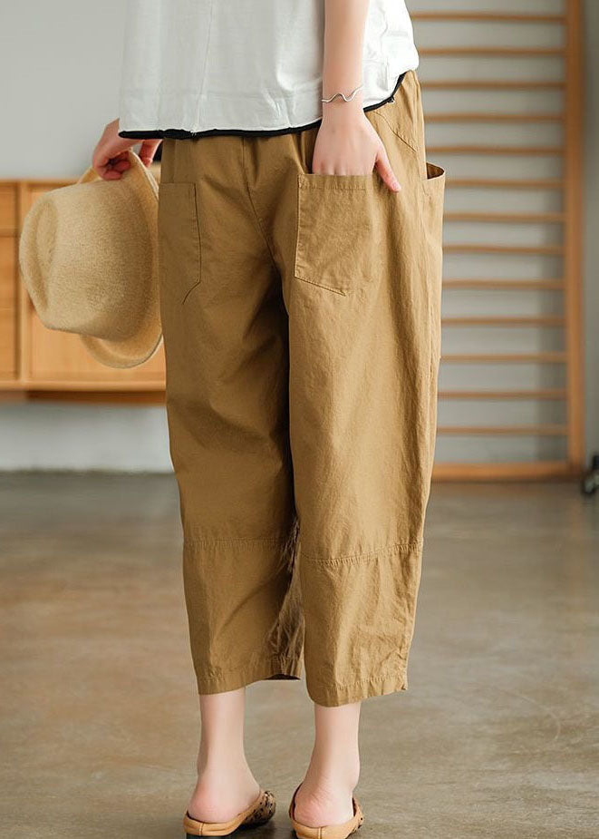 Loose Khaki Pockets Patchwork Cotton Crop Pants Summer LY0591