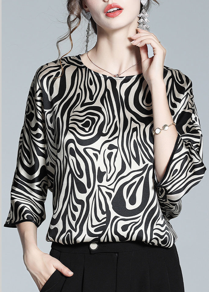 Loose Leopard O-Neck Silk Tops Long Sleeve LY1029