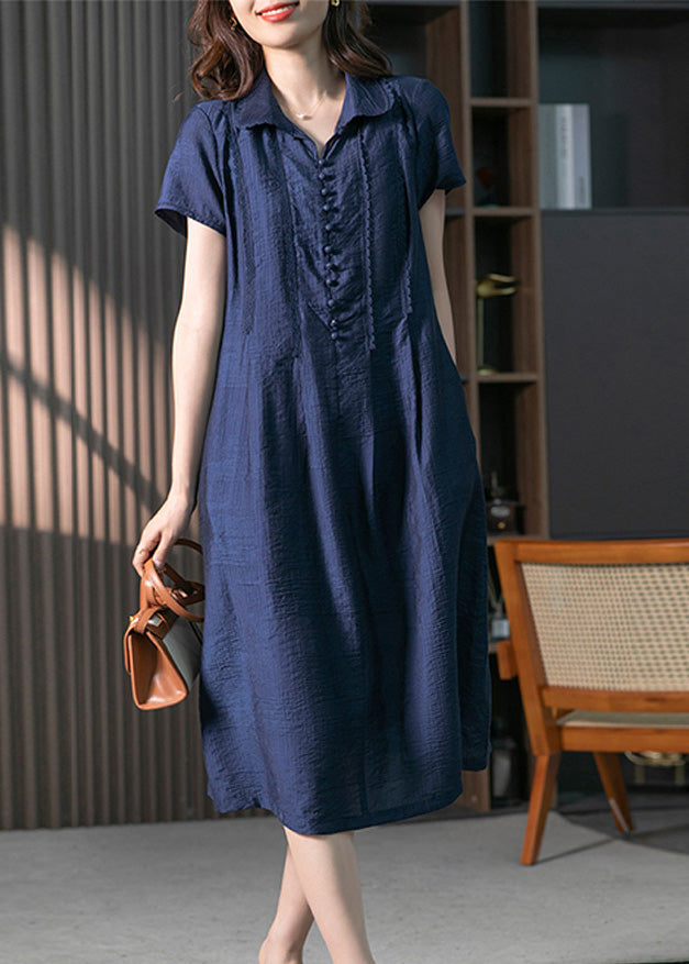 Loose Navy Peter Pan Collar Button Solid Long Dresses Short Sleeve LY1758