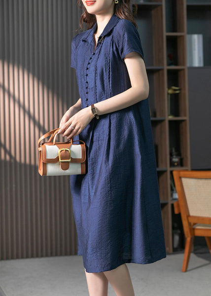 Loose Navy Peter Pan Collar Button Solid Long Dresses Short Sleeve LY1758