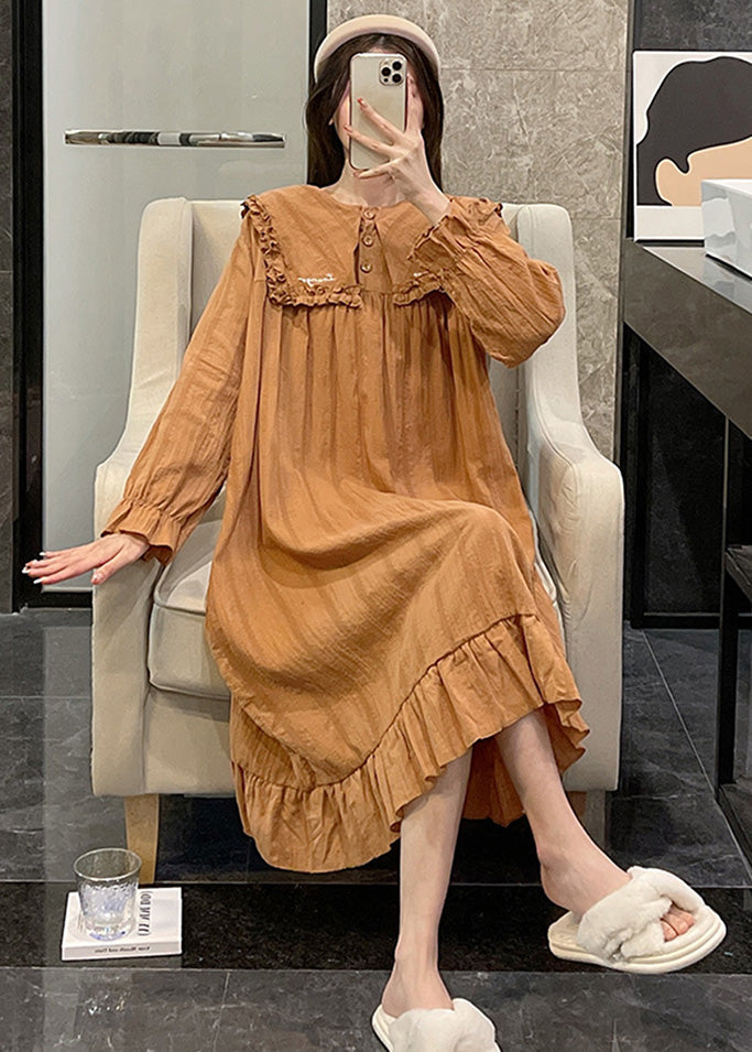 Loose Orange Sailor Collar Patchwork Wrinkled Solid Cotton Maxi Dress Long Sleeve TO1060