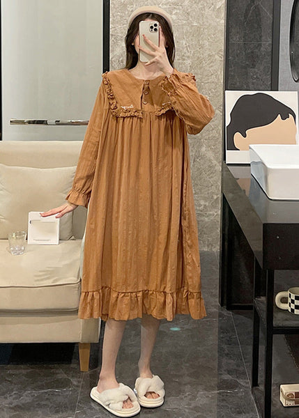 Loose Orange Sailor Collar Patchwork Wrinkled Solid Cotton Maxi Dress Long Sleeve LY1868