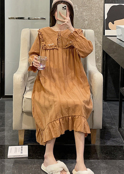 Loose Orange Sailor Collar Patchwork Wrinkled Solid Cotton Maxi Dress Long Sleeve LY1868