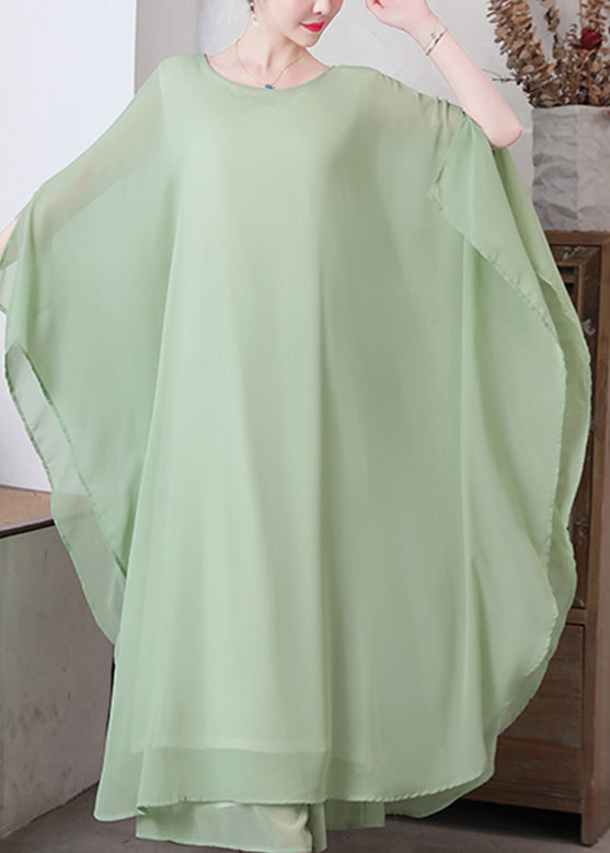 Loose Pea Green O-Neck Chiffon Maxi Dresses Spring LY1730