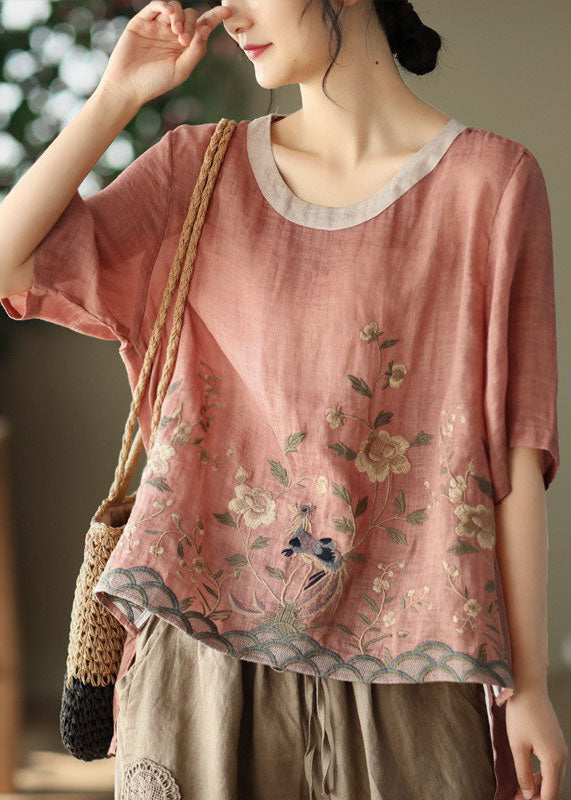 Loose Pink O-Neck Embroideried Linen Tanks Short Sleeve TG1007