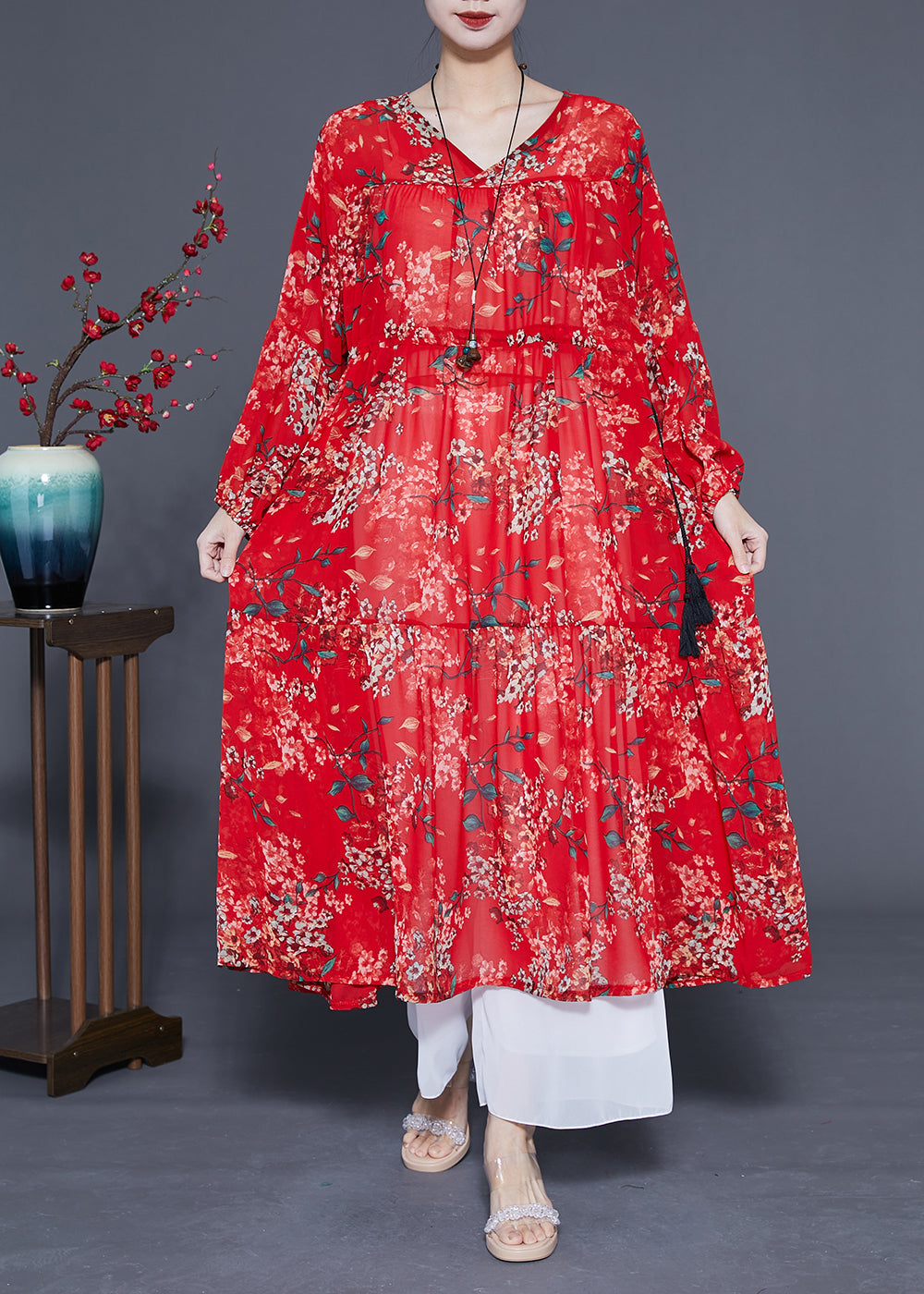 Loose Red Cinched Patchwork Print Chiffon Maxi Dress Spring LY1078