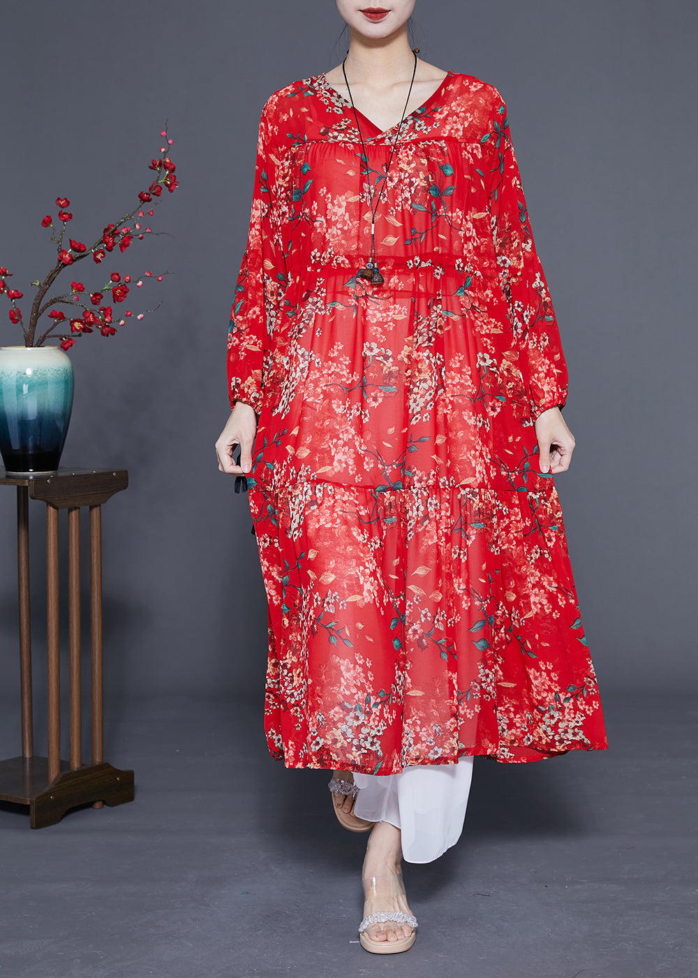 Loose Red Cinched Patchwork Print Chiffon Maxi Dress Spring LY1078