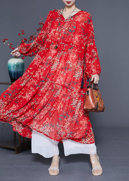 Loose Red Cinched Patchwork Print Chiffon Maxi Dress Spring LY1078