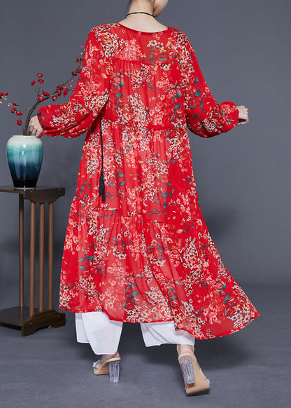 Loose Red Cinched Patchwork Print Chiffon Maxi Dress Spring LY1078