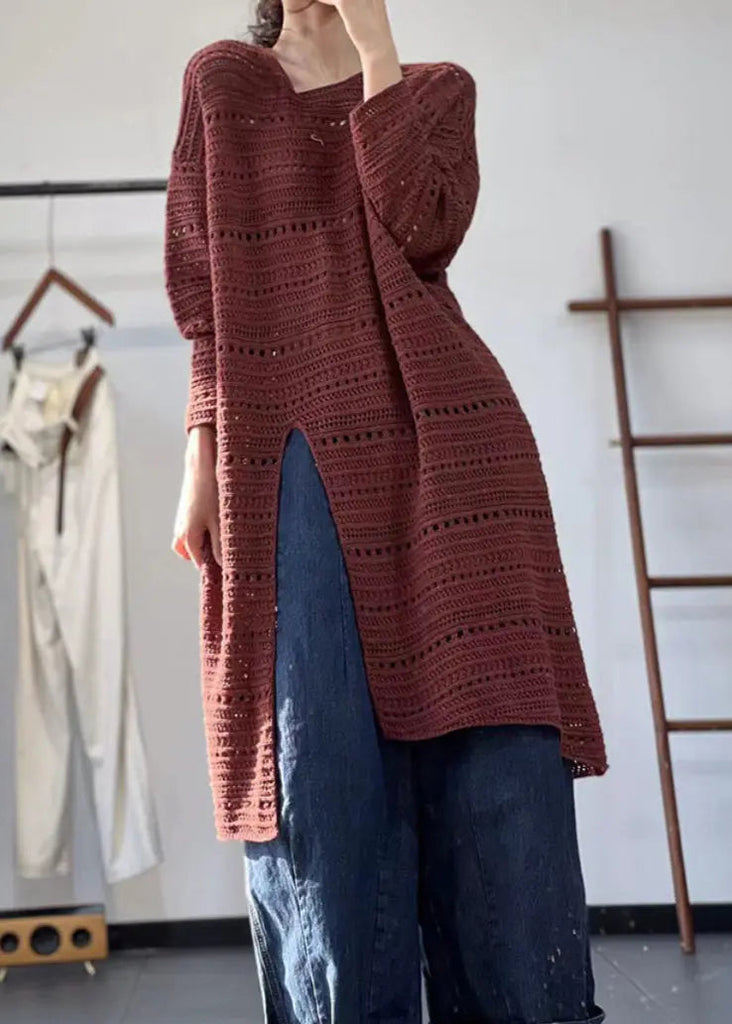 Loose Red Hollow Out Side Open Knit Long Top Fall Ada Fashion