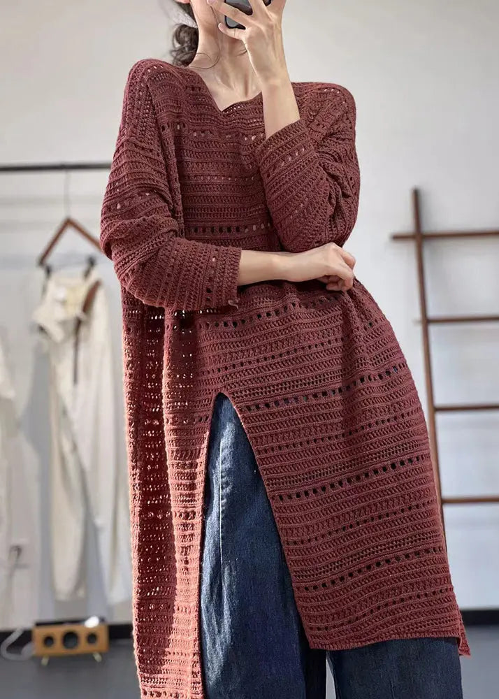 Loose Red Hollow Out Side Open Knit Long Top Fall Ada Fashion