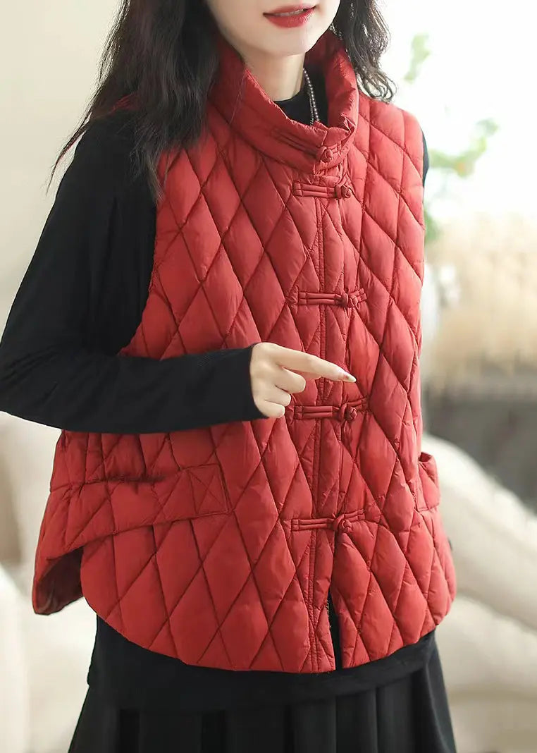 Loose Red Side Open Button Cotton Filled Waistcoat Sleeveless Ada Fashion