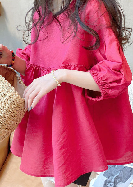 Loose Rose Wrinkled Patchwork Cotton Shirts Tops Lantern Sleeve LY1347