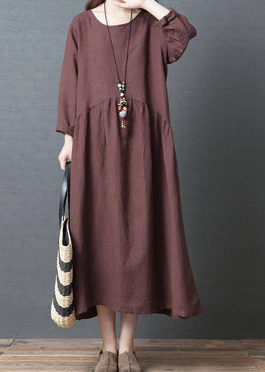 Loose Rust Red O Neck Wrinkled Patchwork Long Linen Dress Spring LC0448