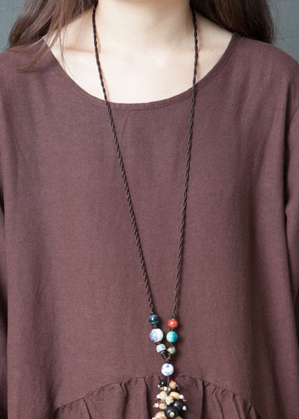 Loose Rust Red O Neck Wrinkled Patchwork Long Linen Dress Spring LC0448