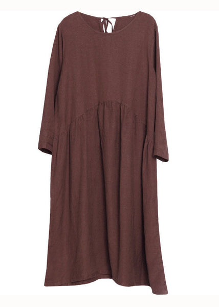 Loose Rust Red O Neck Wrinkled Patchwork Long Linen Dress Spring LC0448