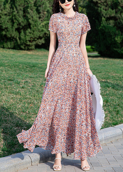 Loose Stand Collar Print Tunic Chiffon Long Dress Summer LY1710