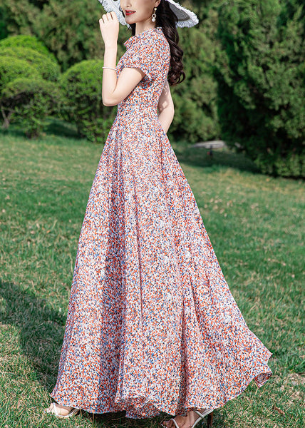 Loose Stand Collar Print Tunic Chiffon Long Dress Summer LY1710