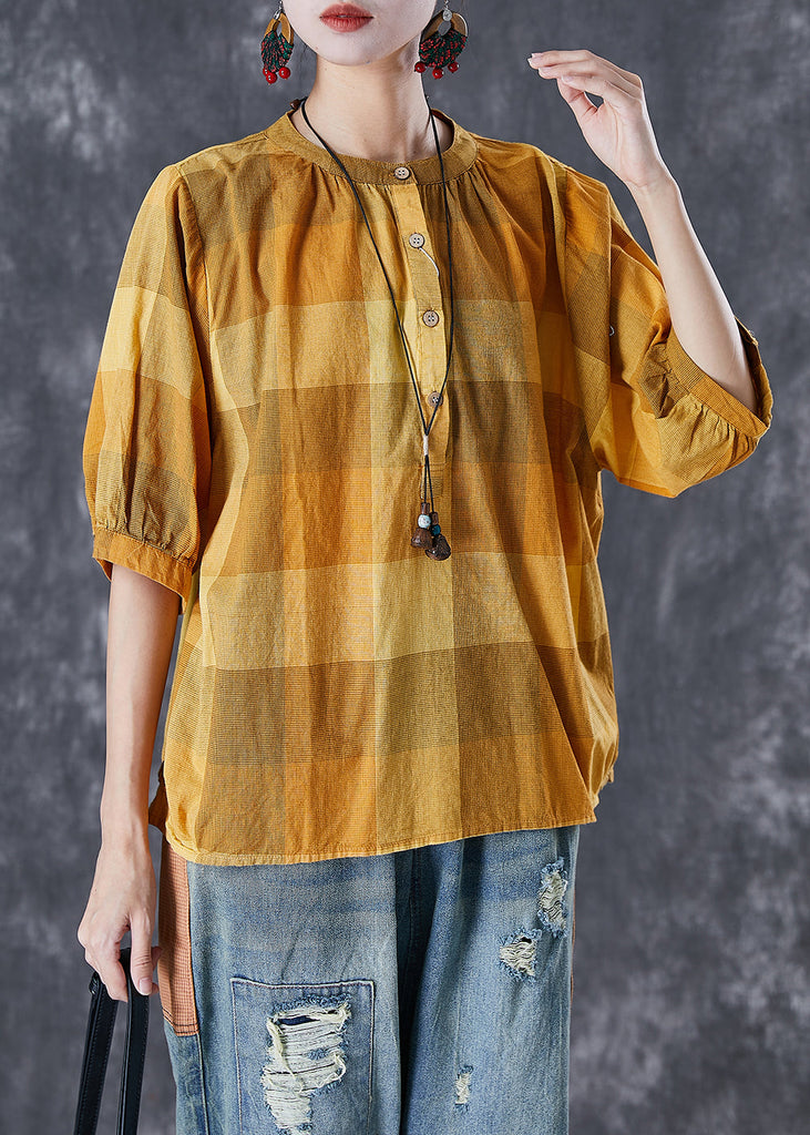 Loose Yellow Oversized Plaid Cotton Shirt Tops Half Sleeve TD1023